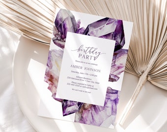 Boho Amethyst Crystal Birthday Party Invitation, Purple Geode Invite, Rustic Elegant Gemstone Birthday Invite, DIY Editable Template 194