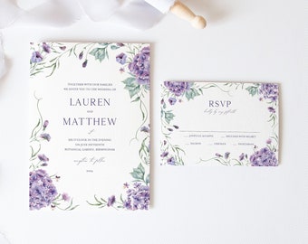 Suite de invitación de boda Hydrangea, invitación de boda floral púrpura, conjunto de bodas, flores de primavera, verano, lavanda, plantilla editable de bricolaje 385