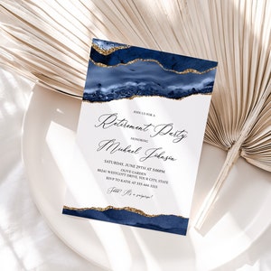 Navy Blue and Gold Agate Retirement Party Invitation, Modern Farewell Party Invite, Send-Off Party Invite, Geode Editable Corjl Template 361