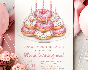 Donut Birthday Invitation, Corjl Template, Sixth Birthday Party, Girl 6th Birthday, Editable Invitation, Pink Donut Party Invite
