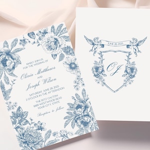 Plantilla de invitación de boda en toile azul, editable, floral e imprimible, con monograma en el reverso, estilo francés clásico 307