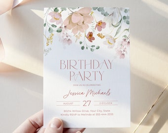 Pink Florals Birthday Party Invitation, Garden Floral Birthday Invite, Any Age, Women&#39;s, Teen, Boho, Blush, DIY Editable Template 274
