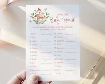 Pink Mushroom Name The Baby Animal Game, Natychmiastowe pobieranie do druku, Leśna gra na baby shower, Las, Klucz odpowiedzi w zestawie 105
