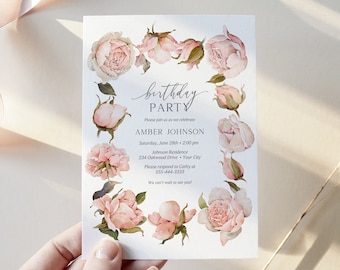 Pink Rose Birthday Party Invitation, Summer Floral Woman's Birthday Invite, Boho Chic, Cottagecore, DIY Editable Template 441