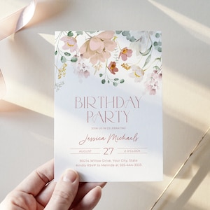 Pink Florals Birthday Party Invitation, Garden Floral Birthday Invite, Any Age, Women's, Teen, Boho, Blush, DIY Editable Template 274