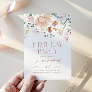 Invito per festa di compleanno con fiori rosa, invito per compleanno con fiori da giardino, qualsiasi età, donna, adolescente, boho, rosa, modello modificabile fai da te 274