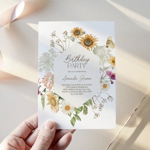 Sunflower Birthday Party Invitation, Country Floral Woman's Birthday Invite, Meadow Flowers, Field Flowers, DIY Editable Template 175