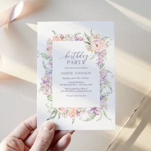 Spring Floral Birthday Party Invitation, Pink and Lavender Floral Woman's Birthday Invite, Boho Pastel Flowers, DIY Editable Template 161