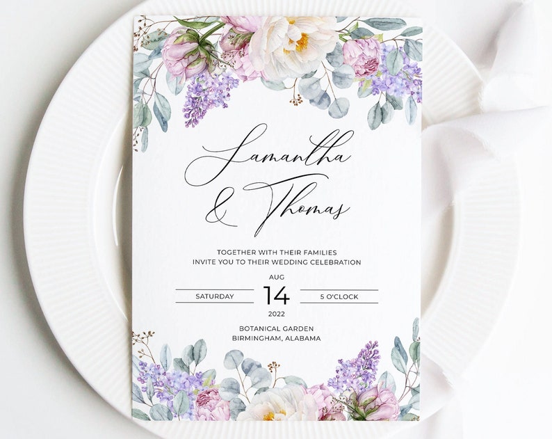 Peony and Lilac Wedding Invitation Boho Wedding Invitation Pink and Purple Watercolor Flowers Garden Floral DIY Editable