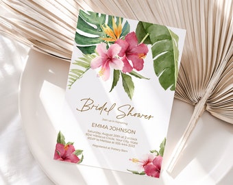 Tropical Floral Bridal Shower Invitation,  Hibiscus Flowers Bridal Brunch Invite, Pink Floral, DIY Editable Template 189