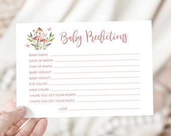 Juego de predicciones para bebés con hongos rosados, descarga instantánea, juego de baby shower con motivos florales del bosque, tarjeta de predicciones, vegetación del bosque, mariposas 105
