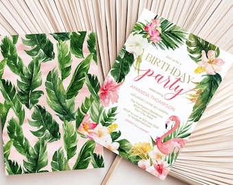 Tropical Birthday Party Invitation, Editable Template, Flamingo Invitation, Adult Birthday Invite, Hibiscus Flowers, Palm Leaves, Corjl 275