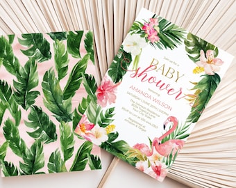 Faire-part de baby shower floral tropical, invitation de brunch de bébé flamant rose, douche d'été, feuilles de palmier, modèle modifiable bricolage 275