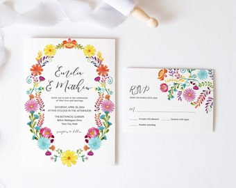Mexican Floral Wedding Invitation and RSVP Card, Editable Template, Fiesta Wedding Suite, Mexican Wedding Invite, Boho, Modern Corjl 353