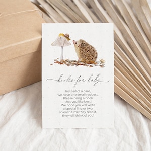 Carte livres hérisson pour bébé, demande de livre animaux de la forêt, carte bébé stock la bibliothèque, carte d'insertion d'invitation, modèle modifiable bricolage 470
