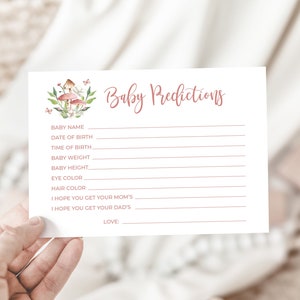 Juego de predicciones para bebés con hongos rosados, descarga instantánea, juego de baby shower con motivos florales del bosque, tarjeta de predicciones, vegetación del bosque, mariposas 105