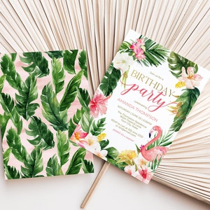 Invitation fête d'anniversaire tropicale, modèle modifiable, invitation flamant rose, invitation d'anniversaire adulte, fleurs d'hibiscus, feuilles de palmier, corjl 275