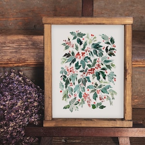 Holly Leaves Collage Printable Art, 16x20, Christmas Wall Art, Holiday Decoration, Watercolor, Botanical, Winter Wall Decor