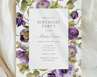 May include: A floral birthday party invitation with purple flowers and green leaves. The invitation has a white background with text that reads "Please join us for a BIRTHDAY PARTY to celebrate Maria Owens". The invitation is on a white cloth.