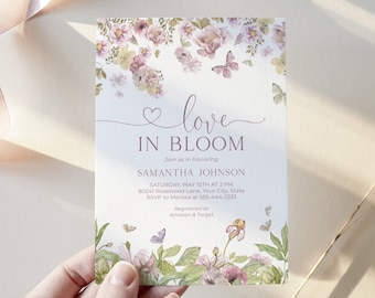 Invitación Love In Bloom, invitación a la ducha nupcial floral del prado, invitación a la ducha de boda de flores silvestres, rosa malva, plantilla editable DIY 122