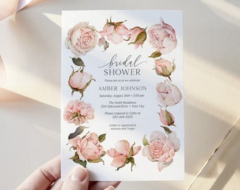 Pink Rose Bridal Shower Invitation, Summer Floral Wedding Shower Invite, Boho Chic Shower Invite, Cottagecore, DIY Editable Template 441