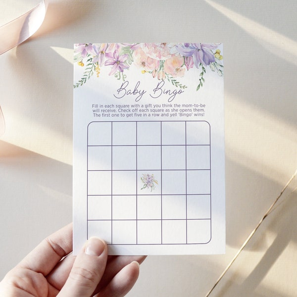 Pink and Lavender Baby Bingo Game, Cottage Floral Bingo Card, Baby Shower Game, Shower Activity, Guessing Game, DIY Editable Template 161