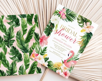 Tropical Bridal Shower Invitation, Flamingo Bridal Shower Invite, Tropical Floral, Summer Bridal Shower, Palm Leaves, DIY Corjl Template 275