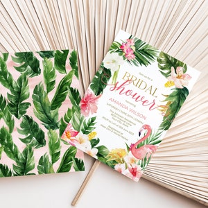 Tropical Bridal Shower Invitation, Flamingo Bridal Shower Invite, Tropical Floral, Summer Bridal Shower, Palm Leaves, DIY Corjl Template 275