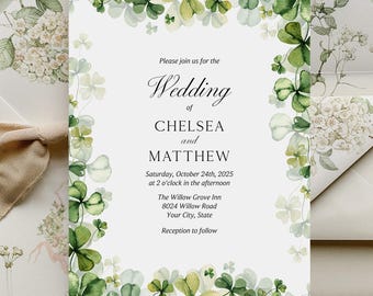 Green Clover Wedding Invitation Template, Editable Botanical Lucky Leaf Invite, Elegant Nature Printable, St. Patrick’s Day Wedding 406