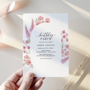 Pink Floral Birthday Party Invitation, Summer Floral Birthday Invite, Spring Flowers, Garden Blooms, DIY Editable Template 401