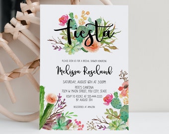 Fiesta Bridal Shower Invitation, Cactus Wedding Shower Invite, Fiesta Invitation, Succulent Invite, Pink Floral, Corjl Template 240