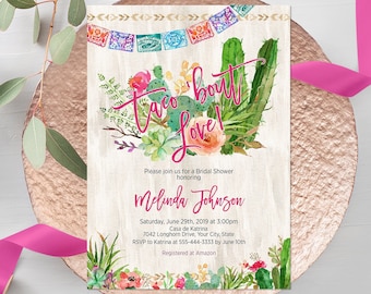 Taco Bout Love Bridal Shower Invitation, Fiesta Bridal Shower Invite, Mexican Wedding Shower, Cactus, Succulent, DIY Corjl Template 240