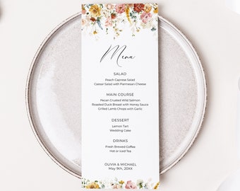 Carte de menu de mariage floral cottage, décor de table de réception, menu de douche nuptiale florale de printemps, Cottagecore, Chic, Boho DIY Modèle modifiable 258