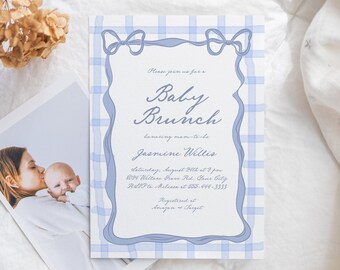 Baby Brunch Invitation, Blue Gingham Editable Template with Watercolor Bows, Preppy Printable Baby Shower Invite for Boy 368
