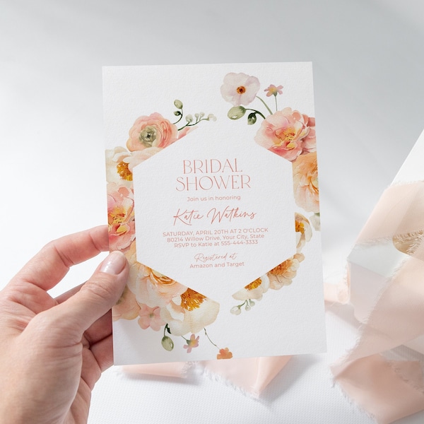 Peach Floral Bridal Shower Invitation, Spring Floral Brunch Invitation, Wedding Shower Invite, Garden Blooms, Boho DIY Editable Template 164