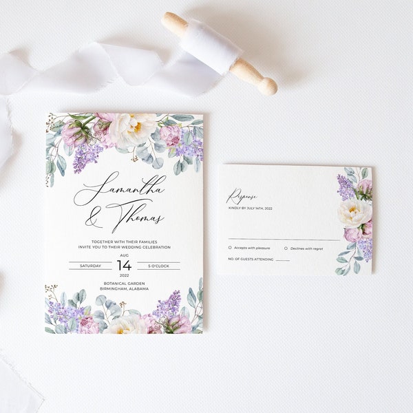 Peony and Lilac Wedding Invitation Set, Boho Wedding Suite, RSVP Card, Pink and Purple Flowers, Garden Wedding, DIY Editable Template 165