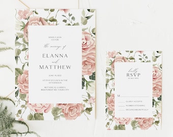 Pink Rose Wedding Invitation Set, Boho Wedding Invitation Suite, RSVP Card, Dusty Pink Floral, Garden Flowers, DIY Editable Template 155