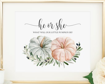 He or She What Will Our Little Pumpkin Be Sign, Printable, Gender Reveal Party Sign, Blue and Pink Pumpkins, Fall Shower, Olive Branches 450