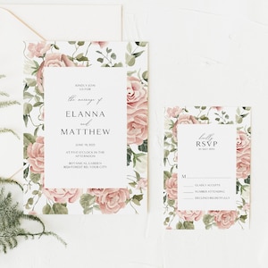 Rosa Rosen-Hochzeits-Einladungs-Set, Boho-Hochzeits-Einladungsfolge, Antwortkarte, Dusty Pink Floral, Gartenblumen, DIY bearbeitbare Vorlage 155