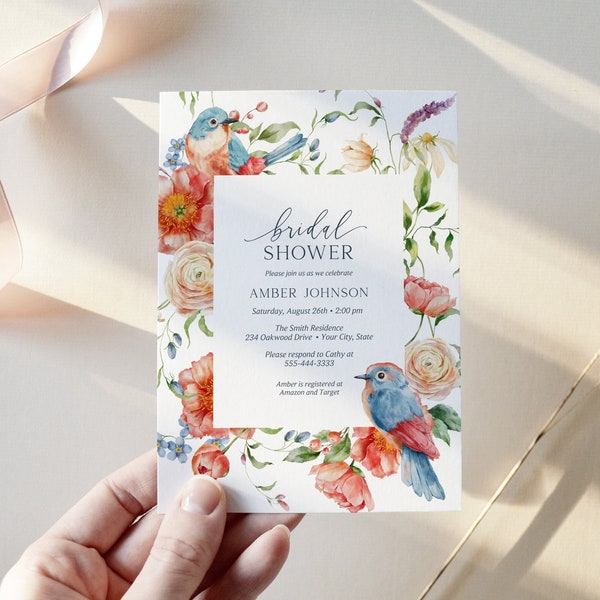 Floral Bridal Shower Invitation, Peach Pink Garden Blooms Bridal Brunch Invitation Blue Bird Wedding Shower Invite DIY Editable Template 170