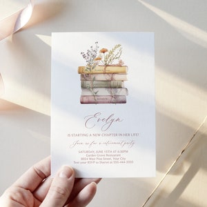 New Chapter Retirement Party Invitation, Stacked Books Send-Off Party Invite, Farewell Invitation, Wildflowers, DIY Editable Template