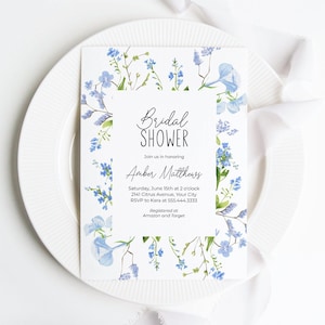 French Country Bridal Shower Invitation, Blue Floral Bridal Brunch Invite, Cottage Floral, Wildflowers, DIY Editable Template 142