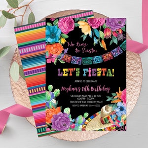 Fiesta-verjaardagsuitnodiging, Let's Fiesta-uitnodiging, Mexicaanse bloemen, Mexicaans thema, verjaardag van elke leeftijd, DIY bewerkbare sjabloon 241