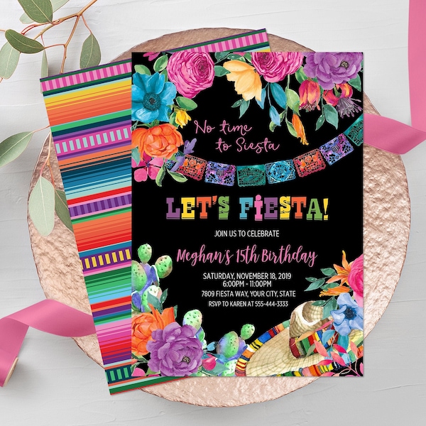 Fiesta Birthday Party Invitation, Let’s Fiesta Invitation, Mexican Flowers, Mexican Themed, Any Age Birthday, DIY Editable Template 241