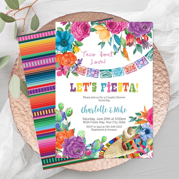 Fiesta Couples Shower Invitation, Modèle modifiable, Thème mexicain Invitation à la douche nuptiale, Douche de mariage florale mexicaine, Cactus, Corjl 241