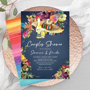 Fiesta Couples Shower Invitation, Mexican Bridal Shower Invite, Mexican Floral, Fiesta Invitation, Sombrero, Editable Corjl Template 241