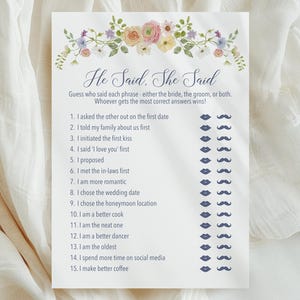 Editable He Said She Said Game, Bridal Shower Printable, Watercolor Floral Design, Couple Trivia Game, Wedding Shower Activity 171