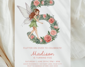 Vintage Fairy 5th Birthday Invitation Template, Editable Fairy Birthday Party Invite, Floral Fifth Birthday Invite, Printable Download