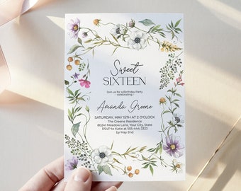 Inbjudan till Sweet Sixteen-födelsedagsfest i trädgården, inbjudan till Sweet Sixteen-födelsedagsfest med vildblommor, Sweet Sixteenth, redigerbar mall för hemmafixering 159