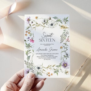Garden Sweet Sixteen Birthday Party Invitation, Wildflower Sweet 16th Birthday Party Invite, Sweet Sixteenth, DIY Editable Template 159